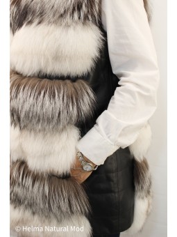 Gilet sans manche en renard argenté et blue naturel